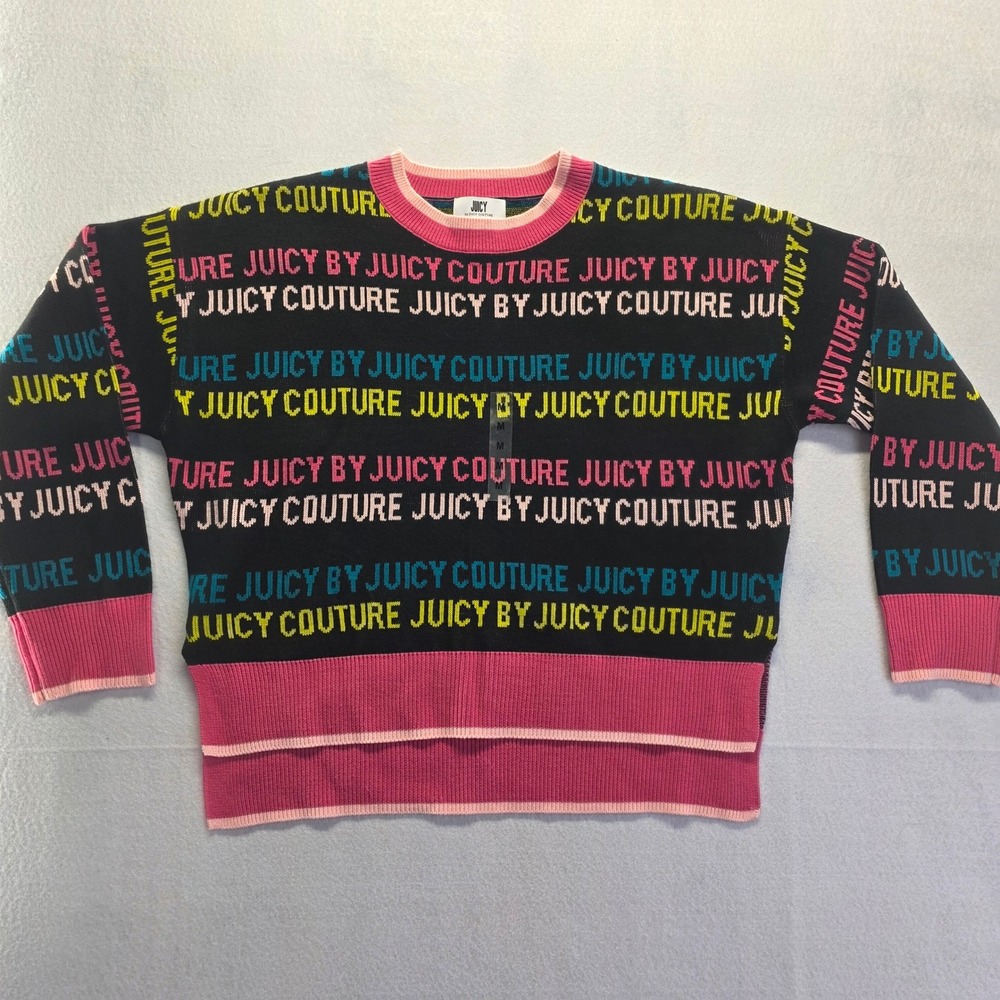 Juicy Couture Black Multi Color Logo Knit Sweater‎ Womens Medium M